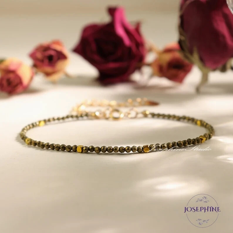 Natural Pyrite 2mm Beads Women Bracelet, Minimalist Dainty Gemstone Beaded