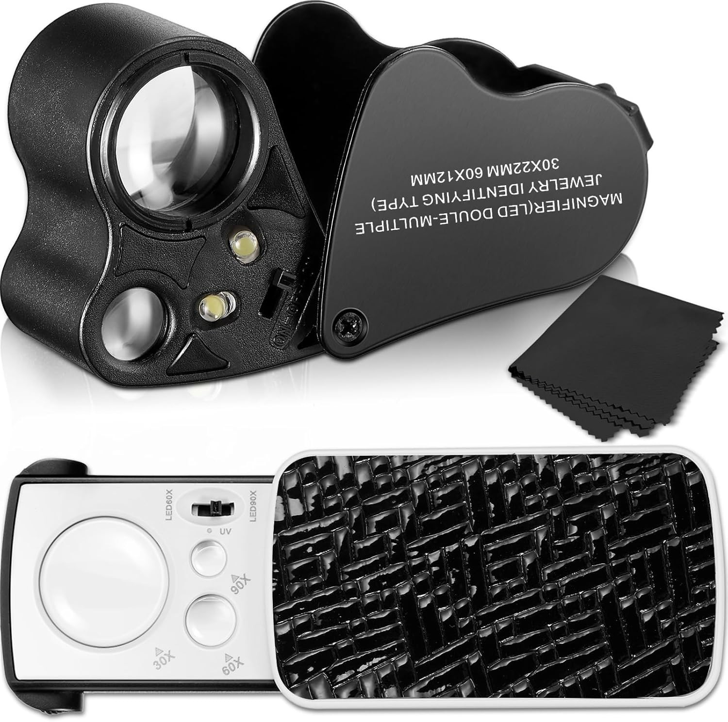 JARLINK 2 Pack Jewelers Loupe, 30X 60X 90X Illuminated Jewelers Eye Magnifier an