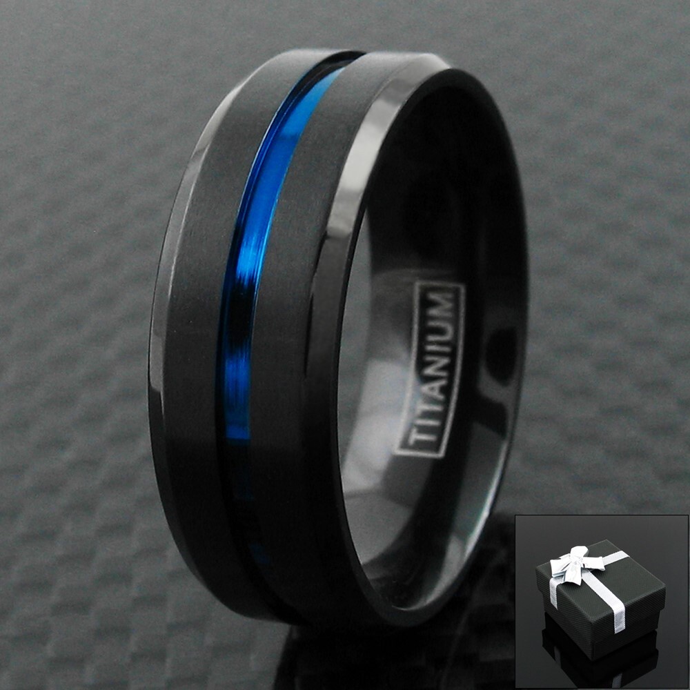 6/8mm Black Titanium Men’s Thin Blue Line Brushed Wedding Band Ring