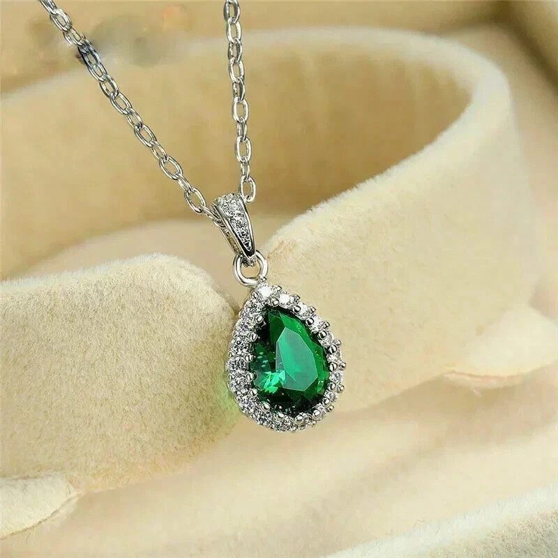 2.95 Ct Pear Cut Emerald Pendant Wedding Pendant 14k White Gold