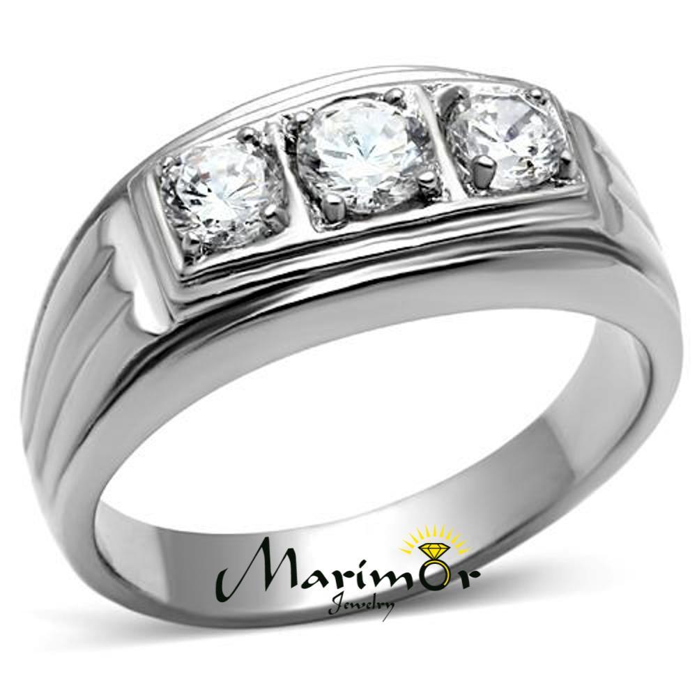 Men’s Round Cut Cubic Zirconia Silver Stainless Steel Ring Sizes 8-13