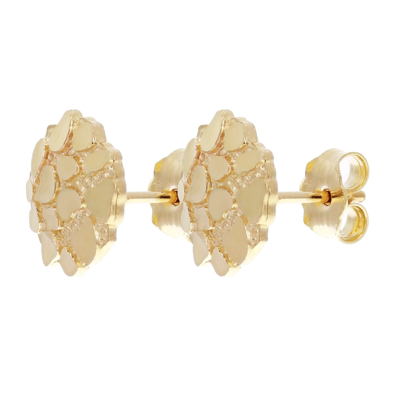 14k Yellow Gold Diamond Cut Nugget Round Stud Earrings 10mm x 9.5mm 1.3 grams