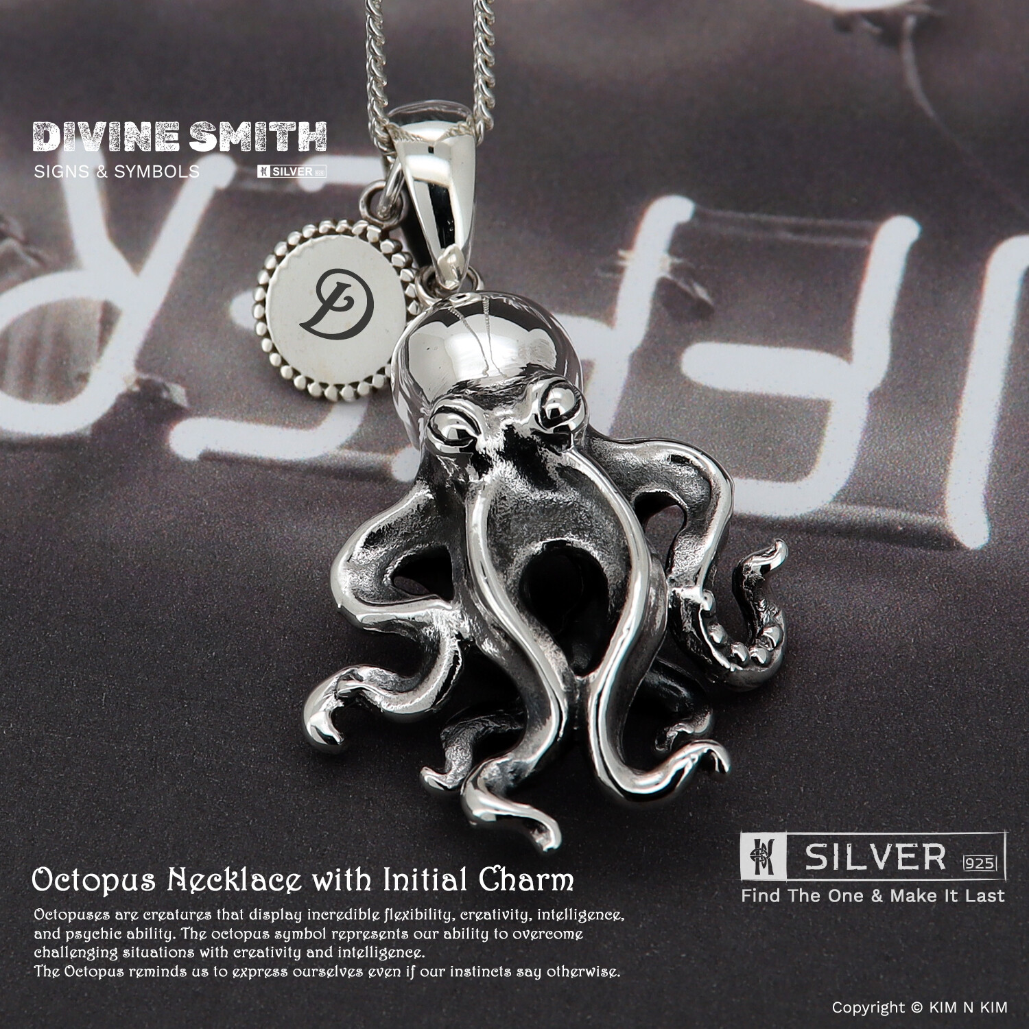Octopus with Initial Charm Pendant Necklace✔️Free Engraving✔️Solid 925 Silver