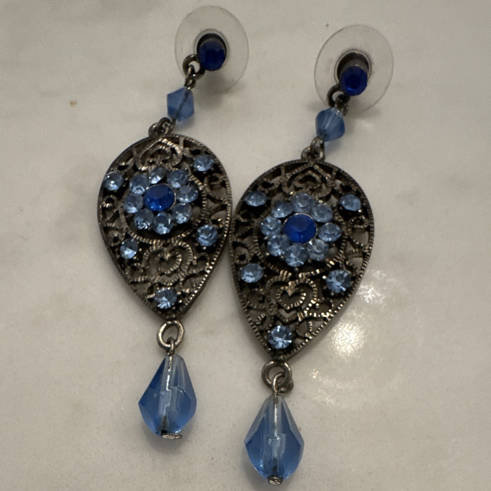 Silver Tone Blue Crystal Rhinestone Teardrop Dangle Drop Screw Back Earrings