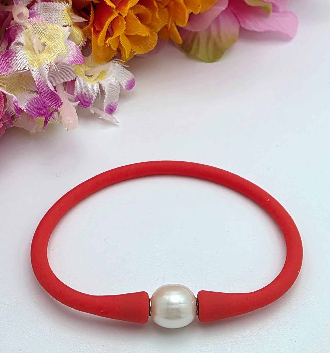 White Pearl Silicone Bracelet Orange Band 6.5in Push Pin Clasp