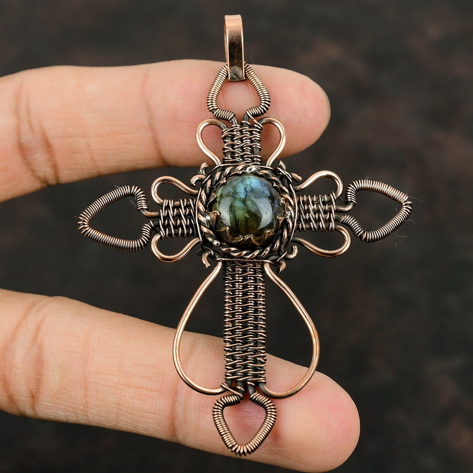 Labradorite Wire Wrapped Cross Pendant Handcrafted Copper Ethnic Gift 3.19″