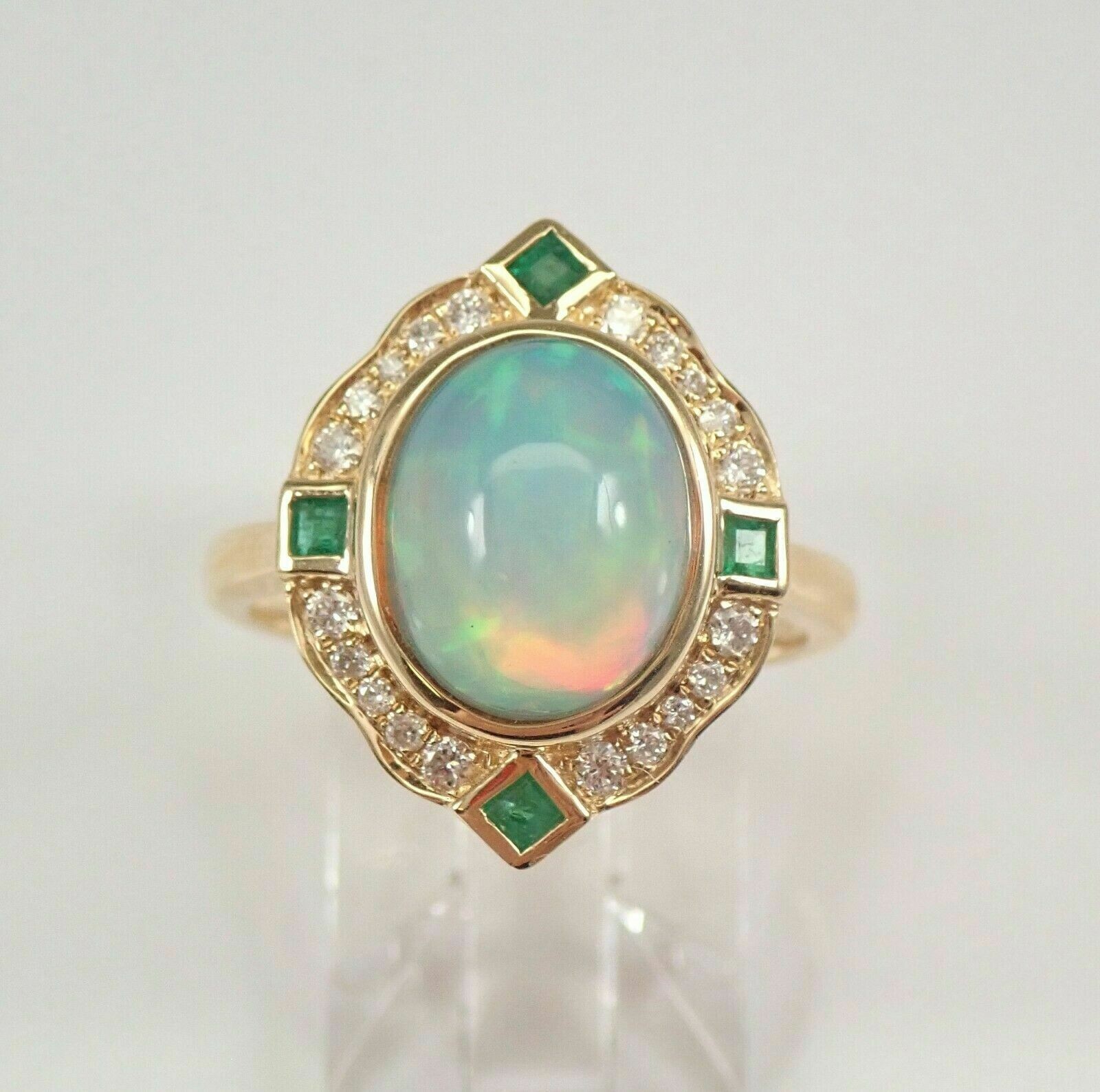 3Ct Oval Cut Opal & Emerald Women’s Halo Engagement Ring 14K Yellow Gold Finish