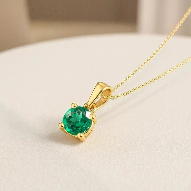 1Ct Round Cut Simulated Diamond Emerald Solitaire Pendant 14k Yellow Gold Plated