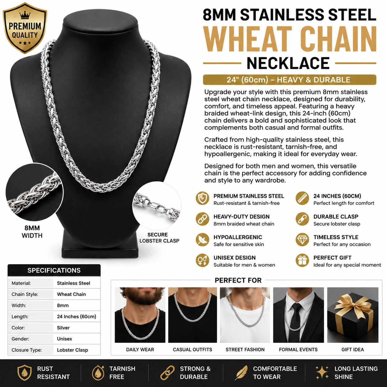 8mm Heavy Braided Wheat Chain for Men – 24” Stainless Steel Necklace | unisex