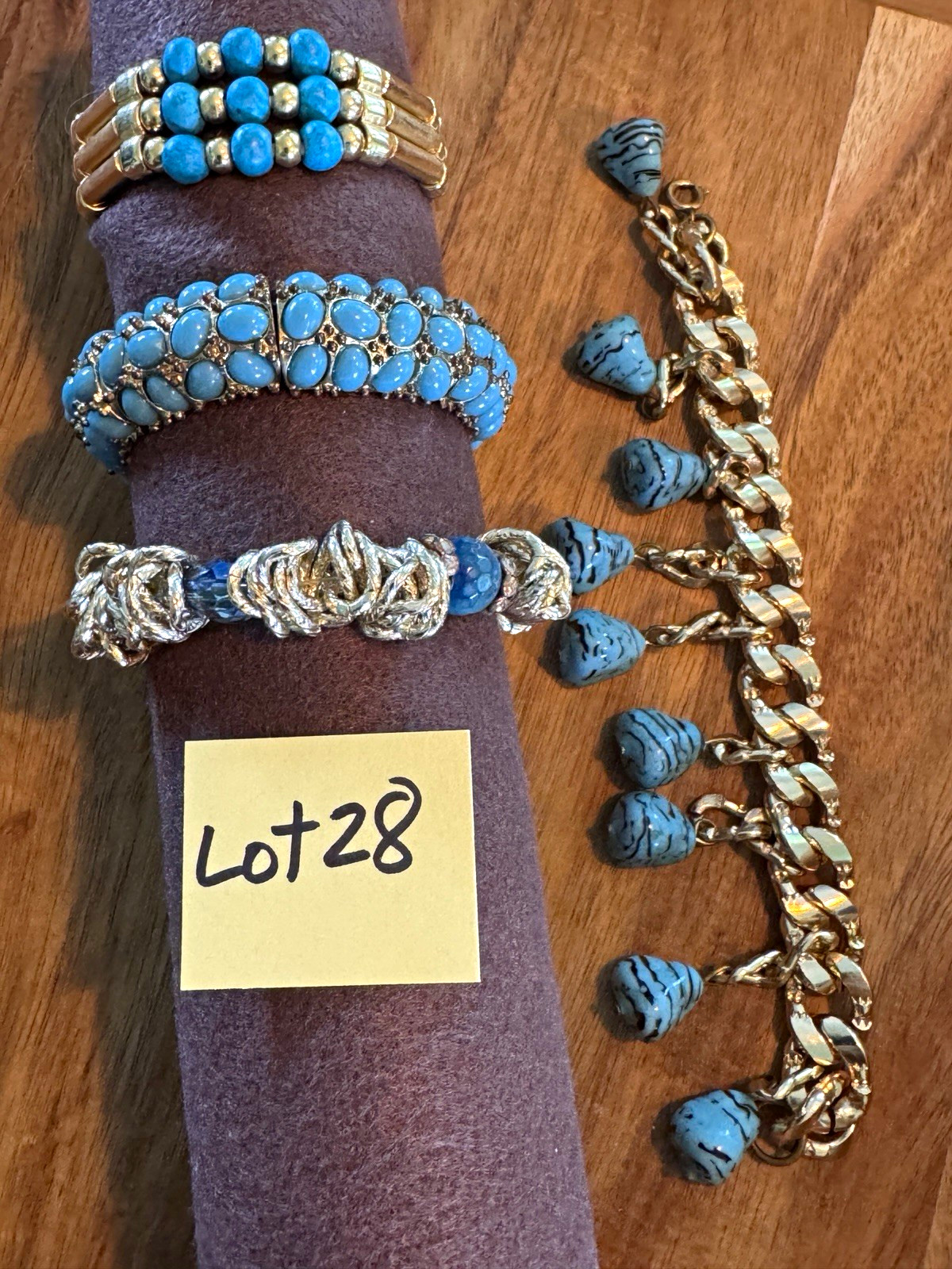 4pc Mixed Lot Women’s Vintage Fashion Bracelets, Mixed Metals, Blue & Silver