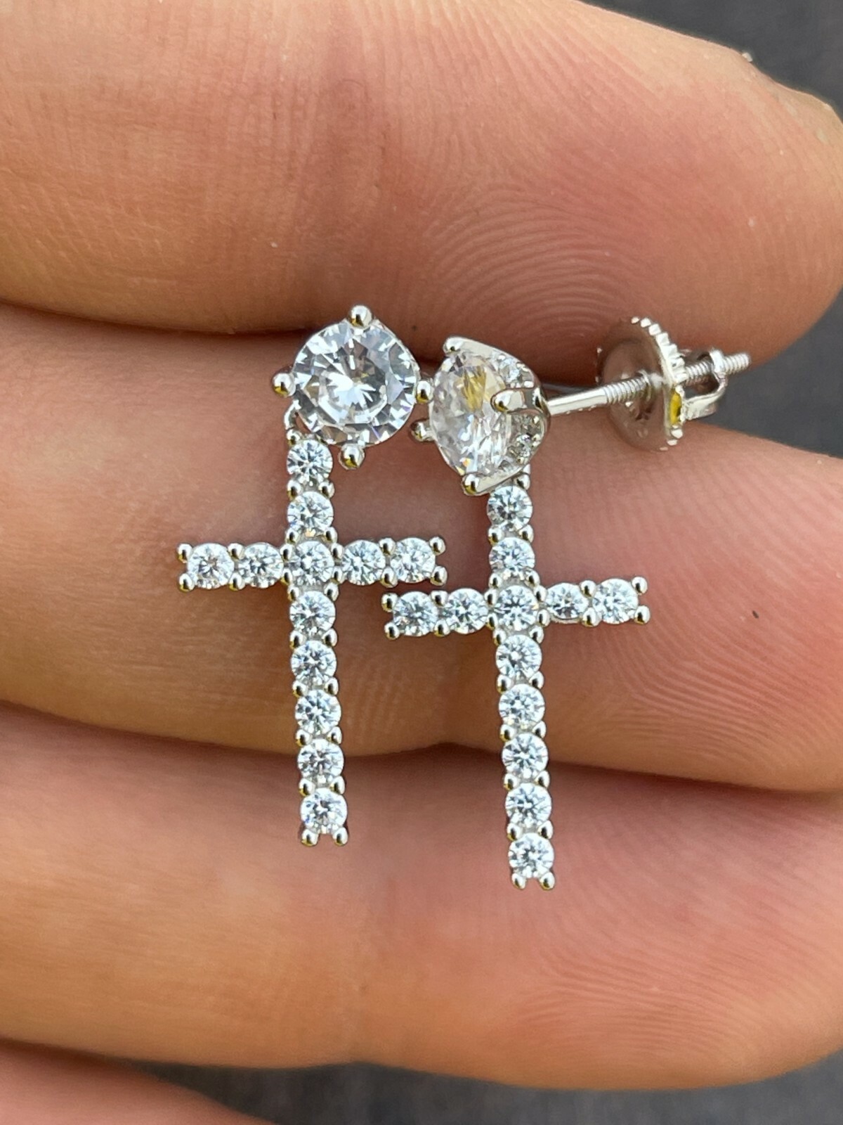 Real 925 Sterling Silver Men’s Ladies Dangle Cross Studs Earrings Iced CZ