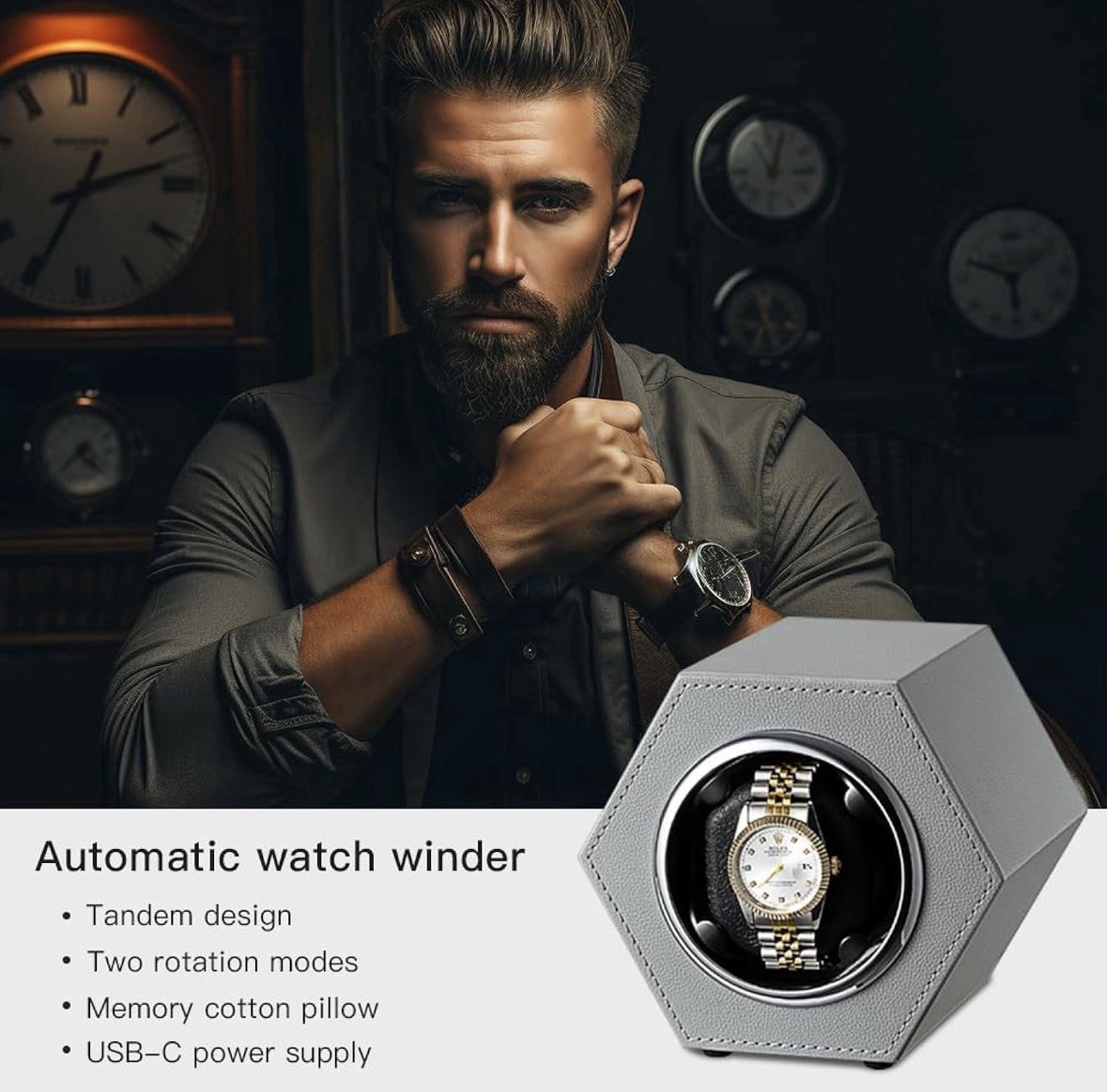 Automatic Single Watch Winder with Quiet Japanese Motor,Premium Grey-147E