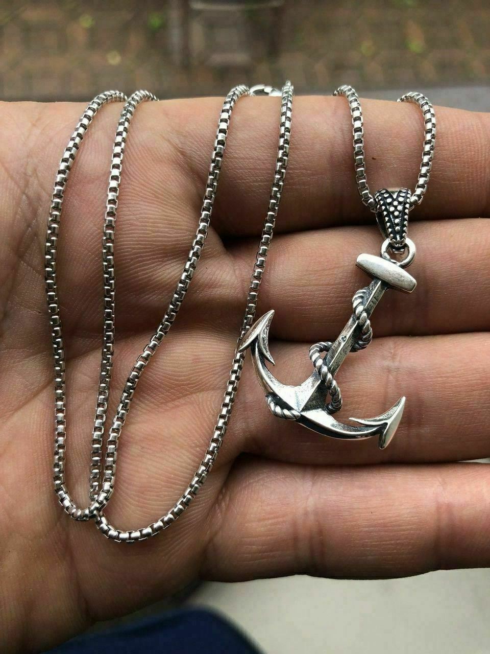 Solid 925 Sterling Silver Nautical NAVY Anchor Mens Pendant W. 22” Chain 1×1.5”