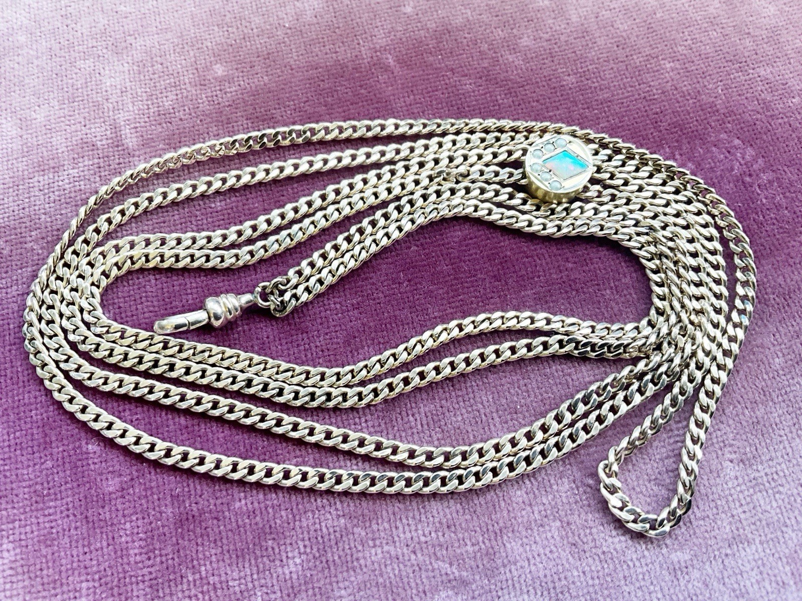 Antique Gold Filled Slide & Chain for Watch, Locket, Pendant with Opal & Pearls
