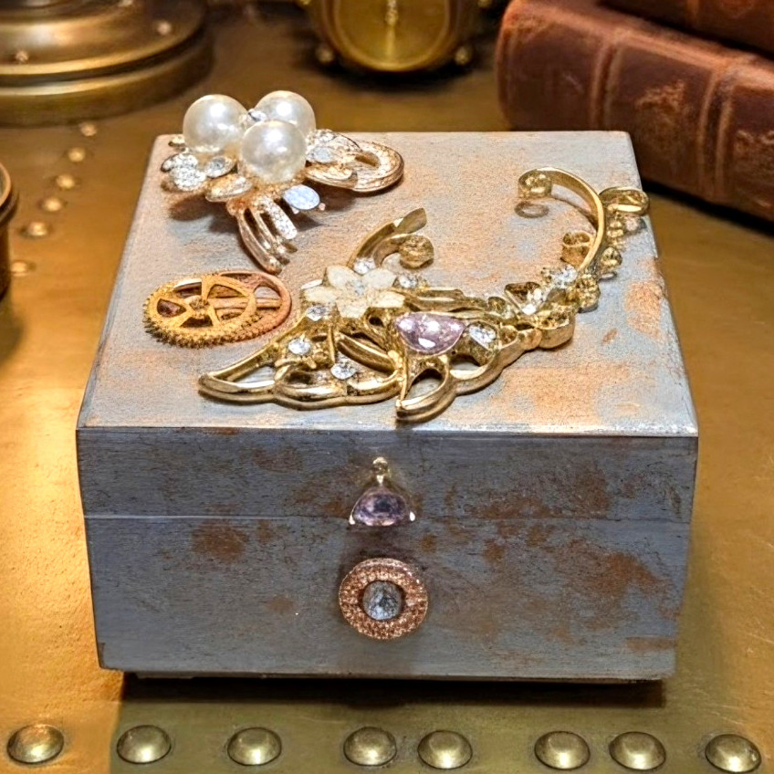Handcrafted Steampunk Square Wood Jewelry Box, Gray Velvet Lined Jewelry Storage