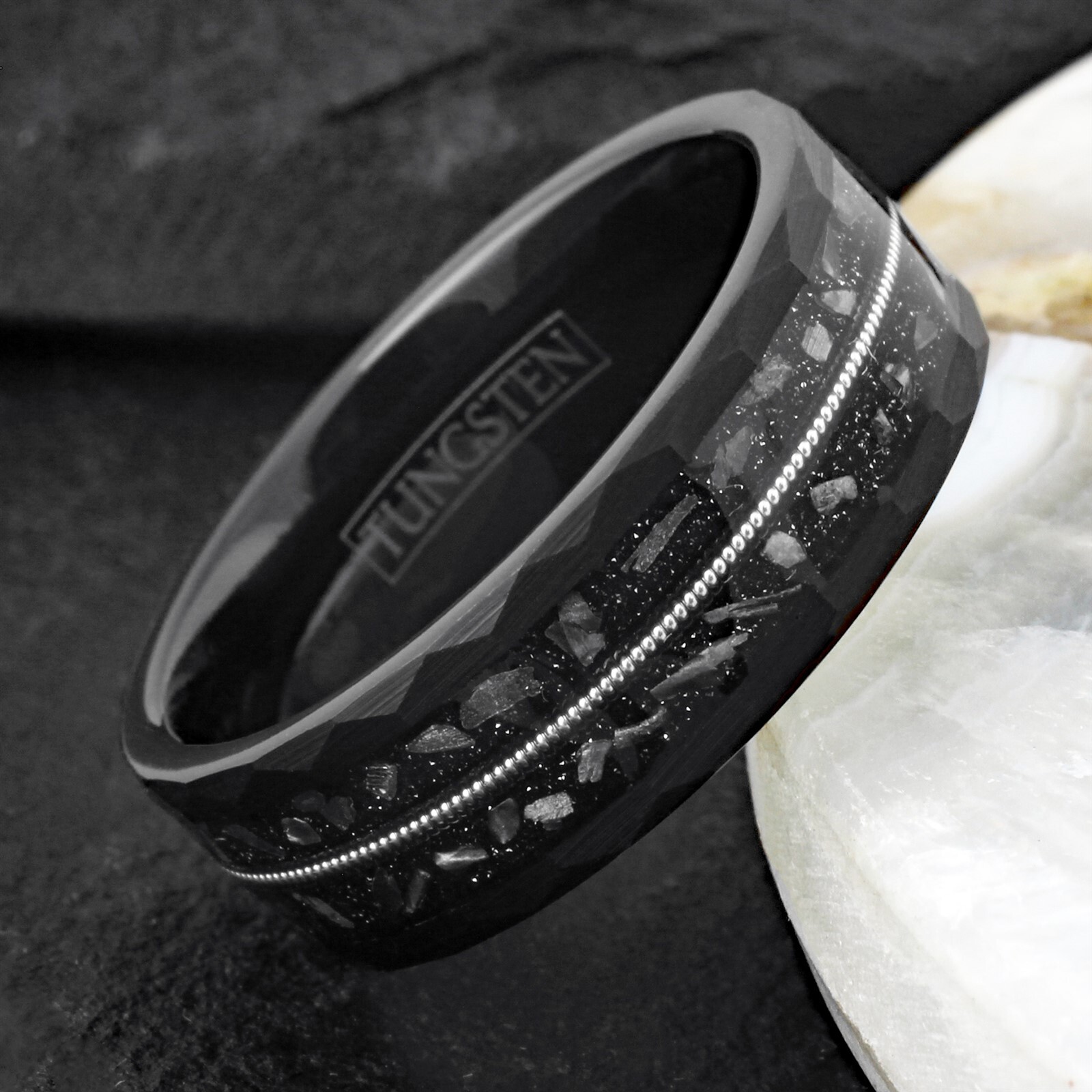 8mm Black Tungsten Carbide w/ Faux Meteorite Guitar String Band Ring