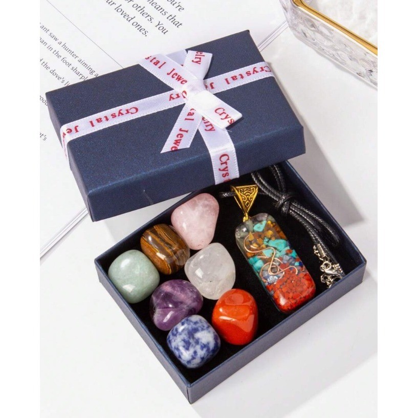 7 Chakra Healing Crystal Stone Set with Orgone Pendant Necklace Gift Box