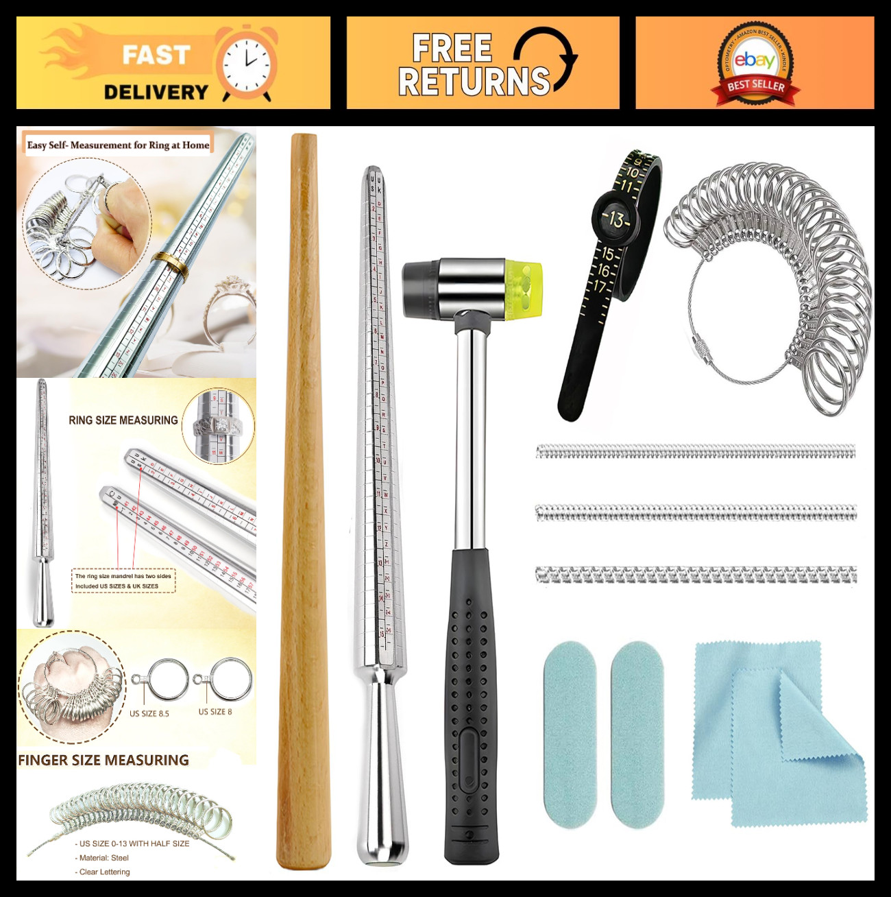 Metal Ring Sizer Tool Kit with Mandrel & Mallet – Jewelry Size Measurer & Reshap