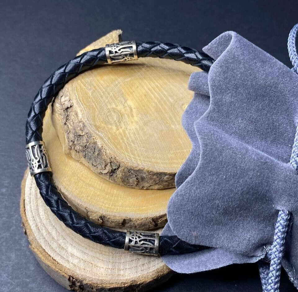 Black Leather Men Bracelet Ukrainian Symbols Trident Silver 925