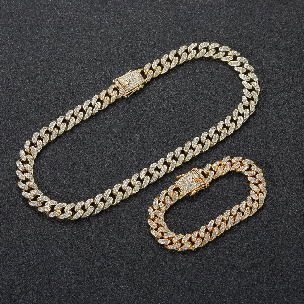 Hip Hop Iced CZ Out Cuban Chain Set Gold Plated Cuban Link Chain Necklace 12MM