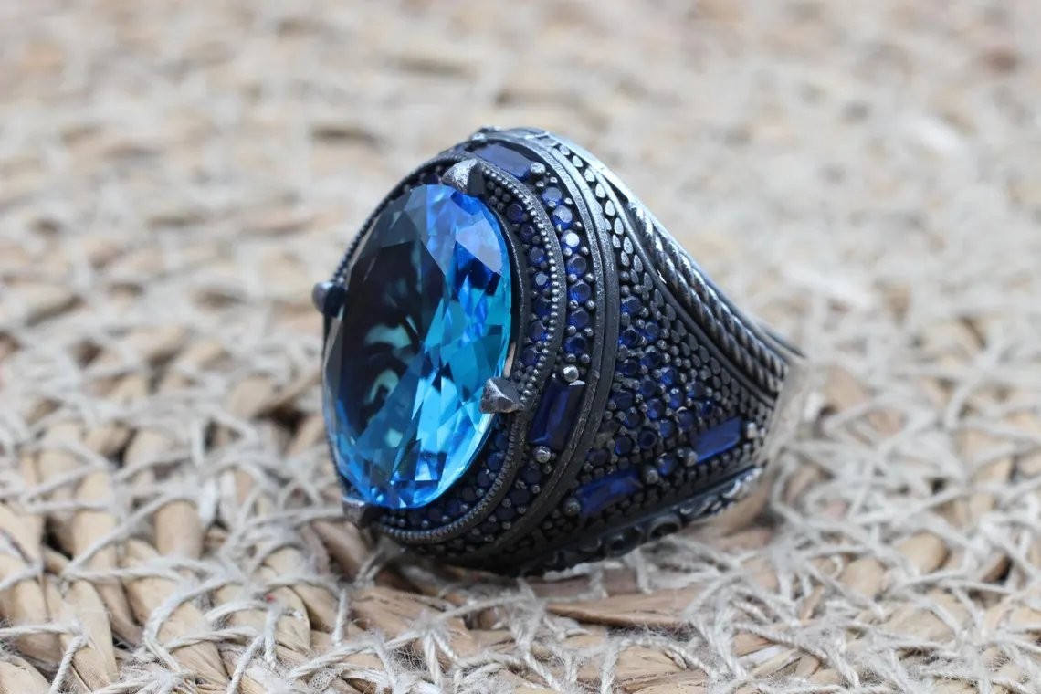 Ottoman Style Aquamarine Men’s Ring 925 Sterling Silver Turkish Ring Duty free