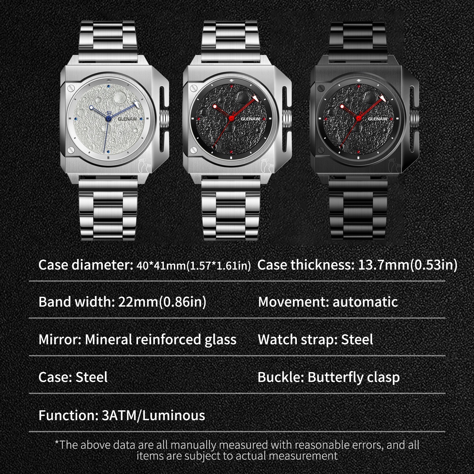 GLENAW Men’s Automatic mechanical watch moon surface dial luminous waterproof