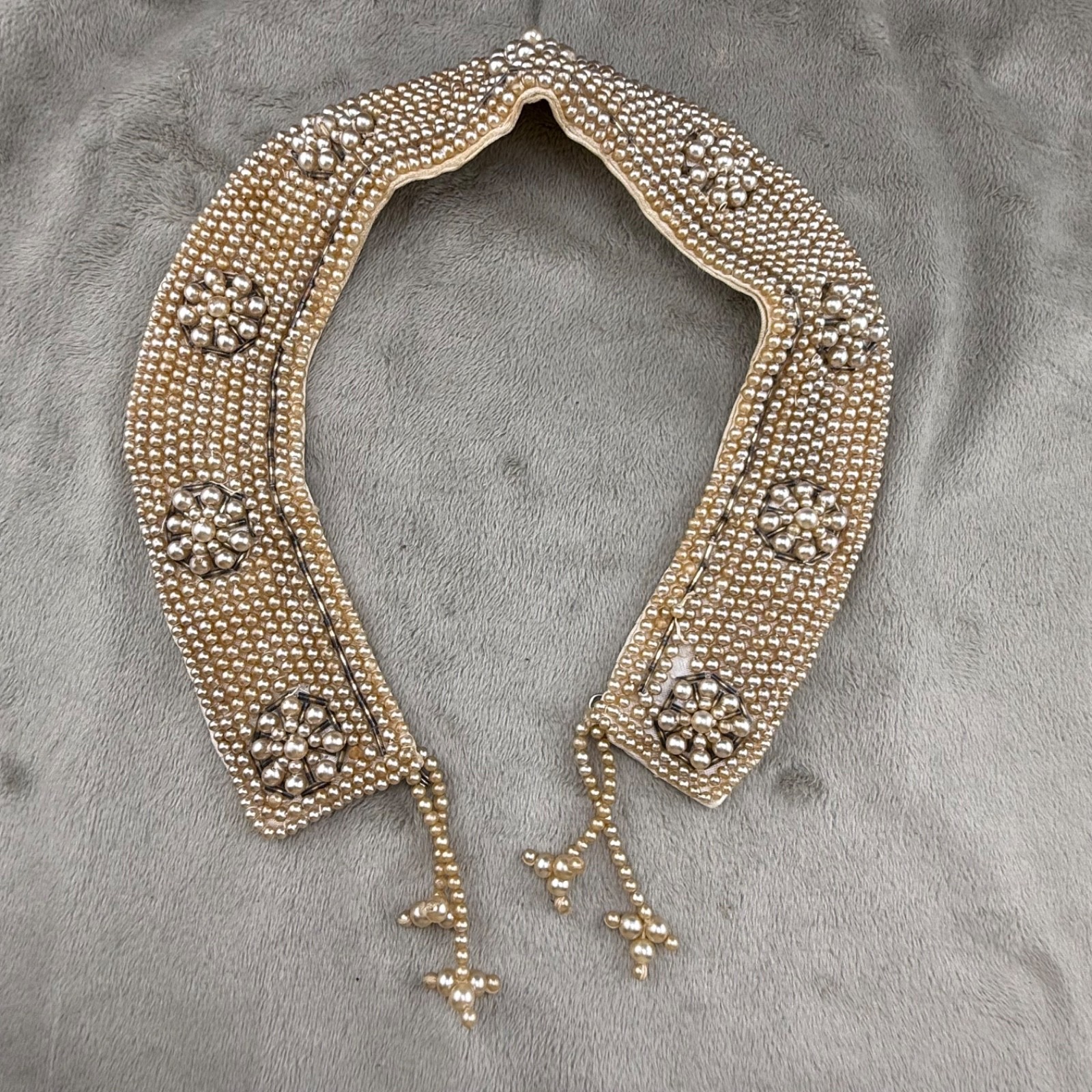 Vintage Beaded Collar Necklace Cloth Backing Imitation Pearl 15” READ