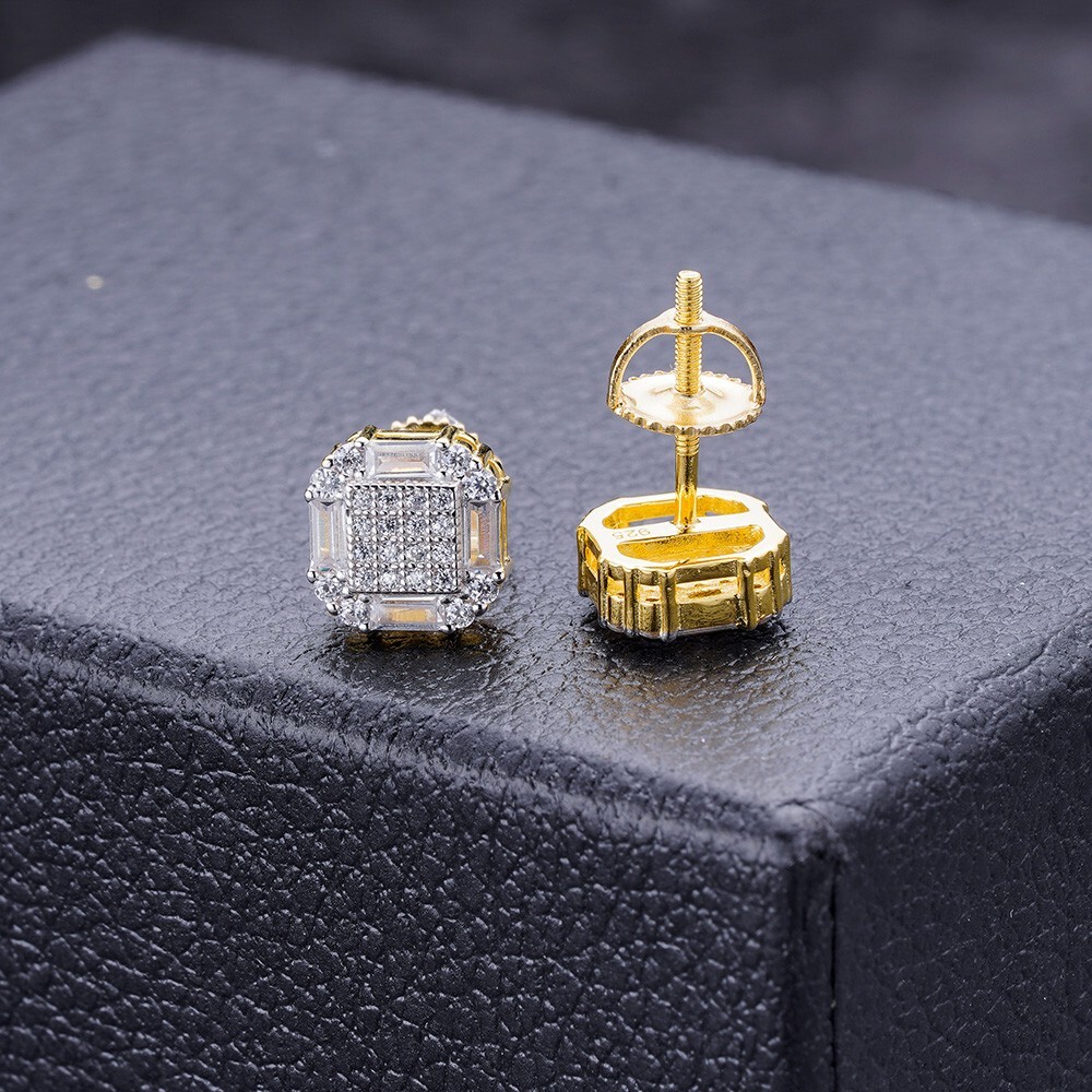 Screwback Earrings Real 14k Gold Plated 925 Silver CZ Baguette Iced Studs HipHop