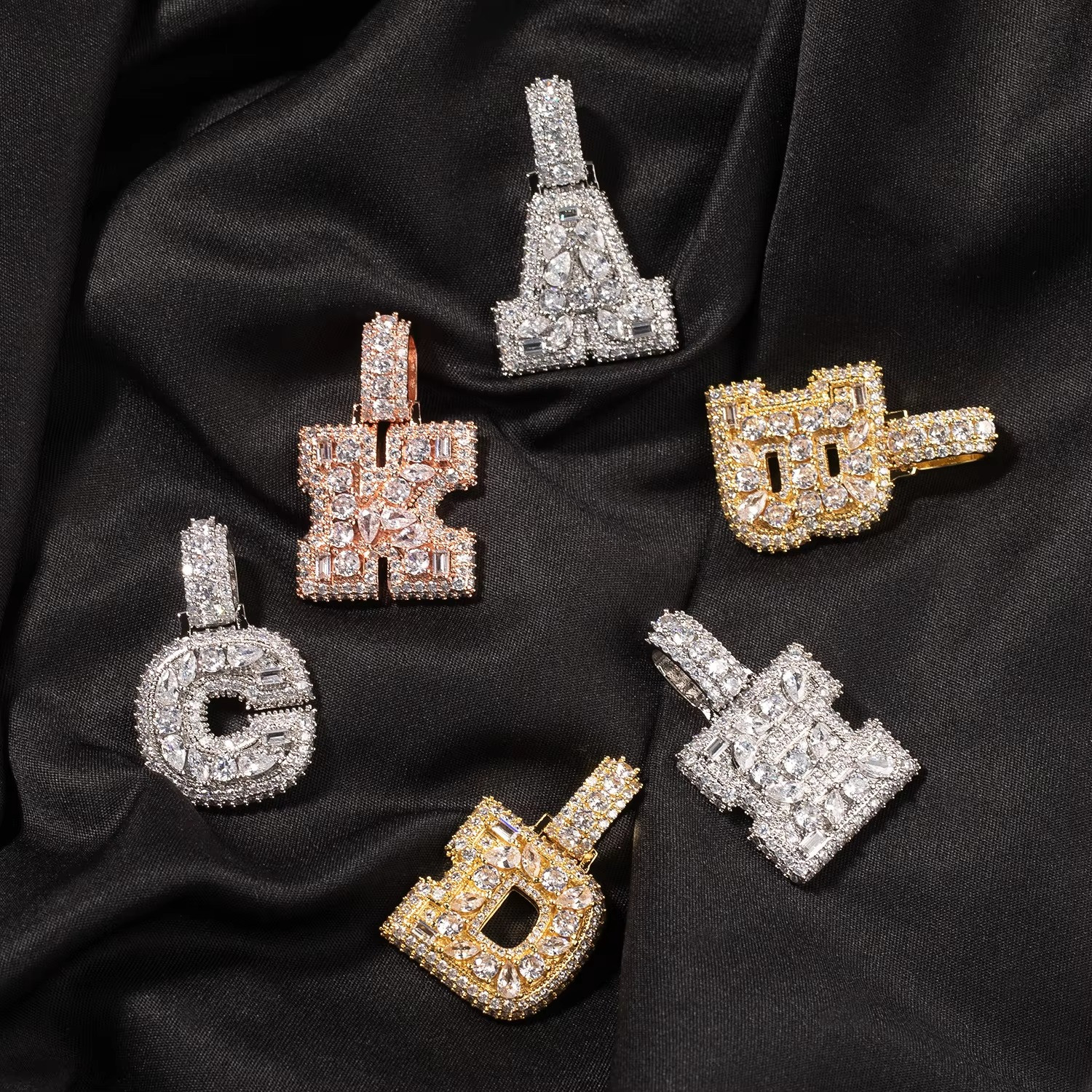5AAA+ CZ Multicolor Ice Out Hop Hip Bling Vertical Mixed Inlay Letter Pendant