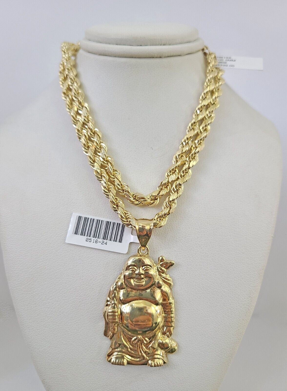 10kt Gold Rope Chain Laughing Buddha Charm Set 18″-30” Inch 5mm Necklace