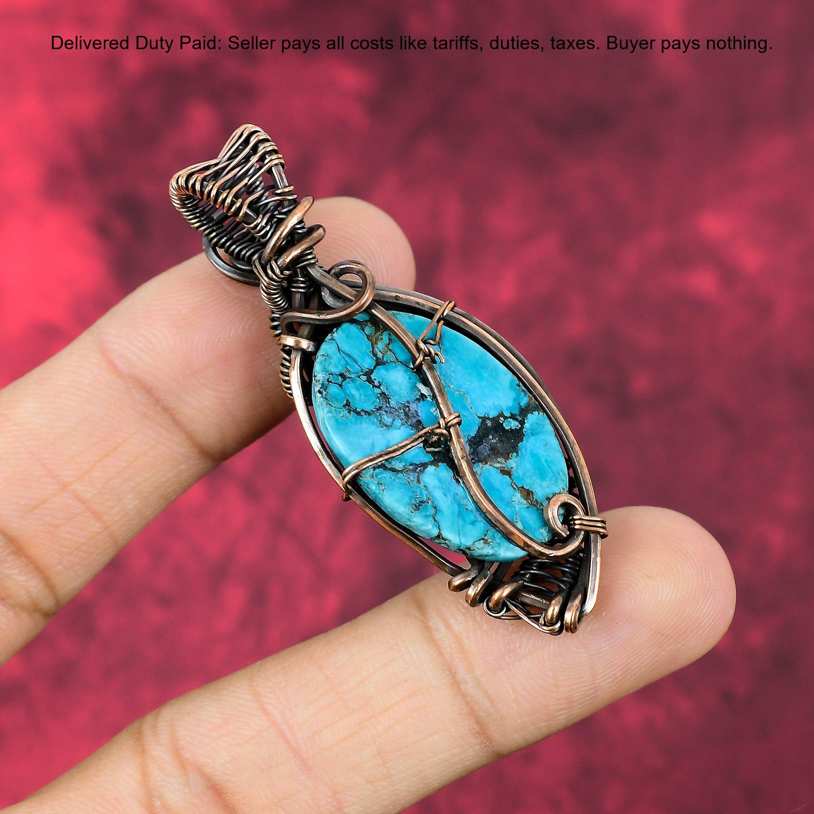 Tibetan Turquoise Stone Copper Wedding Wire Wrapped Engagement Pendant Jewelry