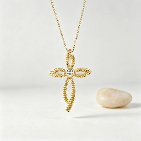 Twisted Ribbon Cross Clear CZ Faith Religious Accessory Women Necklace