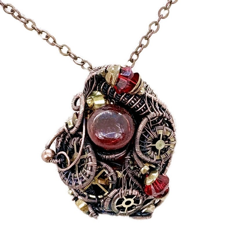 Red Liquid Steampunk Sensory Pendant: Bronze Wire-Wrapped Necklace