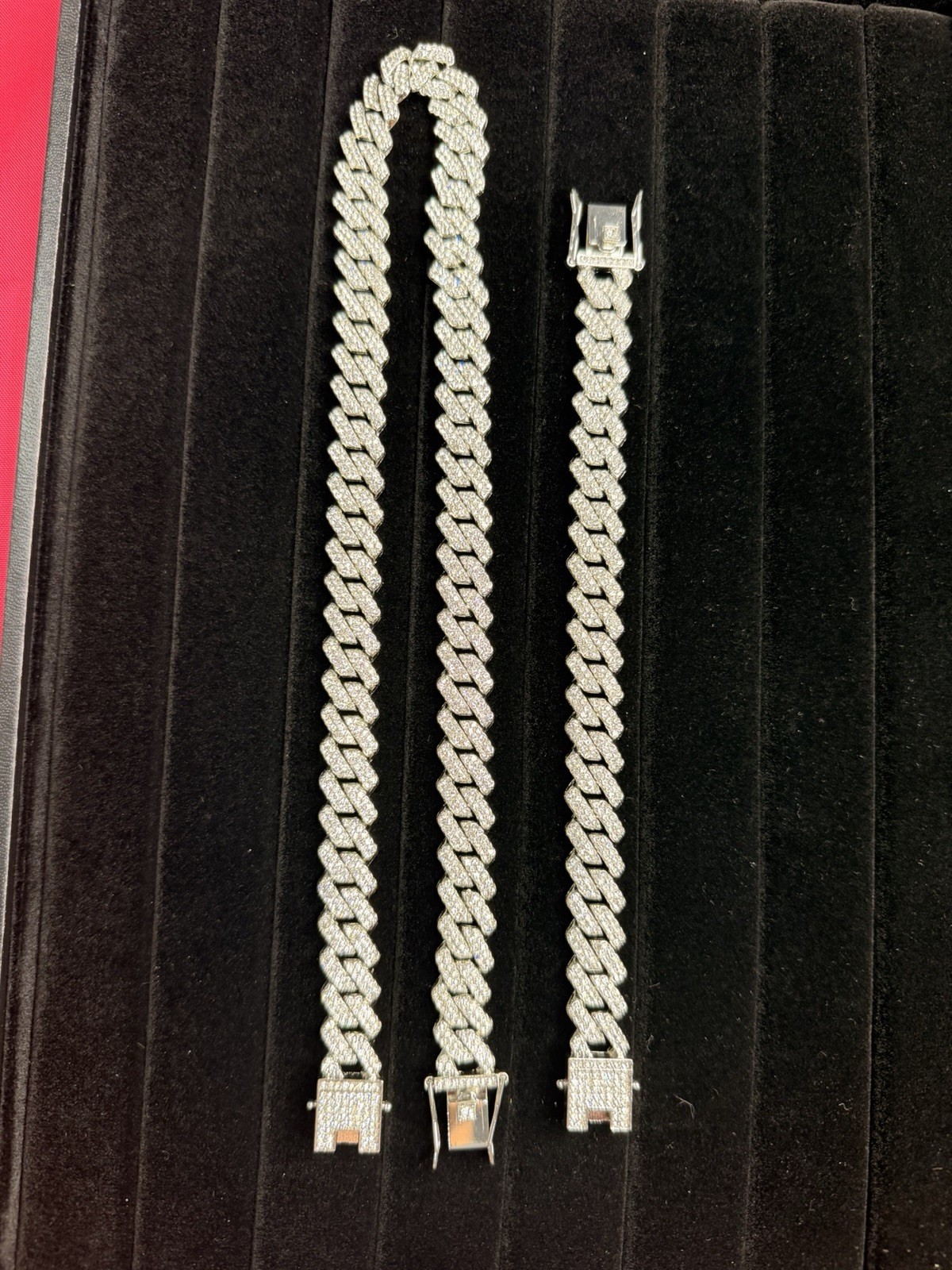 J28-Silver Cuban Link Necklace & Bracelet Set w/ Clear CZ – 20in Necklace 8in