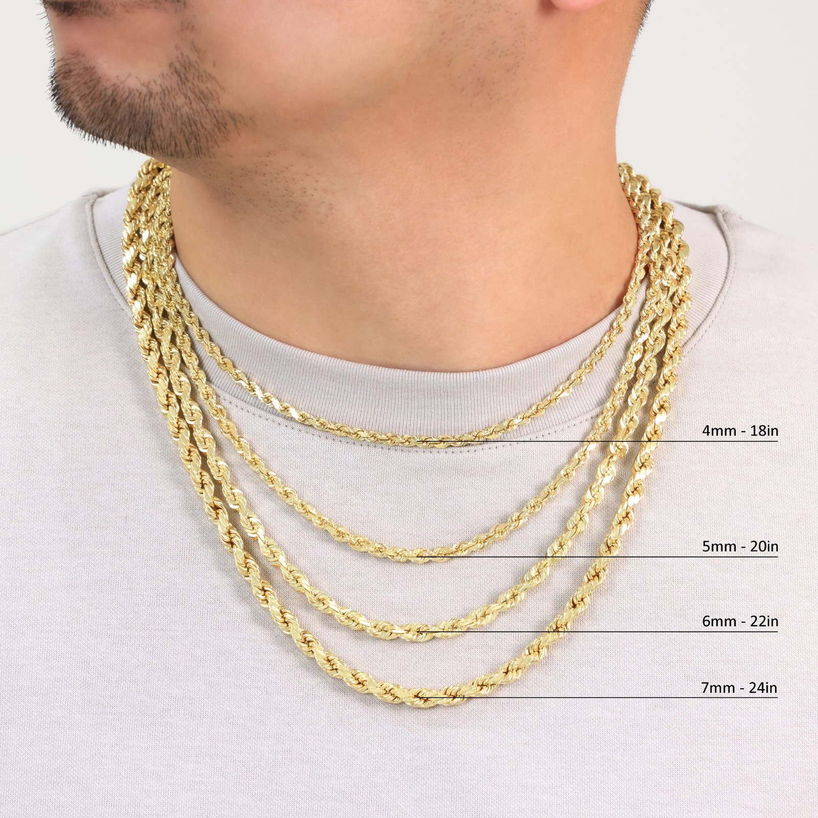 14K Yellow Gold Diamond Cut Rope Chain Necklace 1.5mm – 5mm, Men Women 16″- 30″