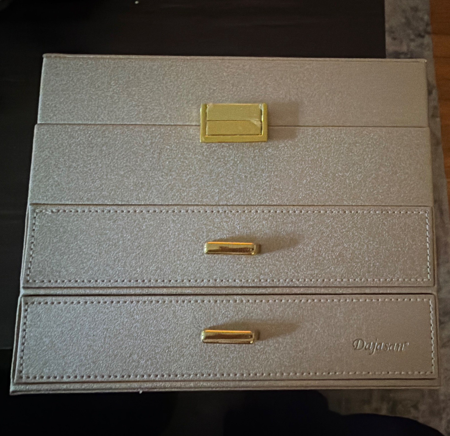 Faux Leather Jewelry Box Organizer, Gold, Velvet Lined, Drawers, Compartments