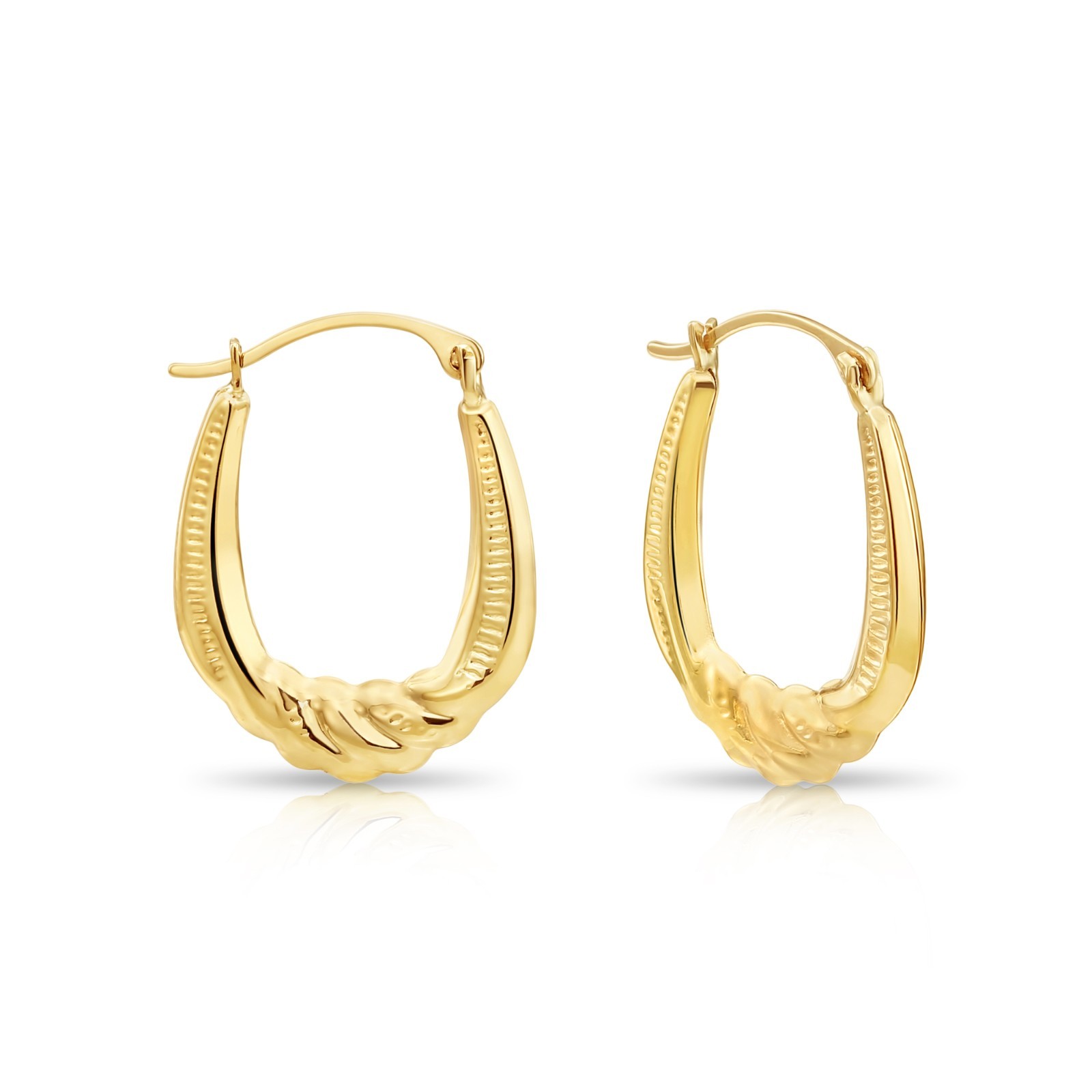 10K Real Solid Yellow Gold Puffy Twisted Oval Creole Midi Hoops Earrings
