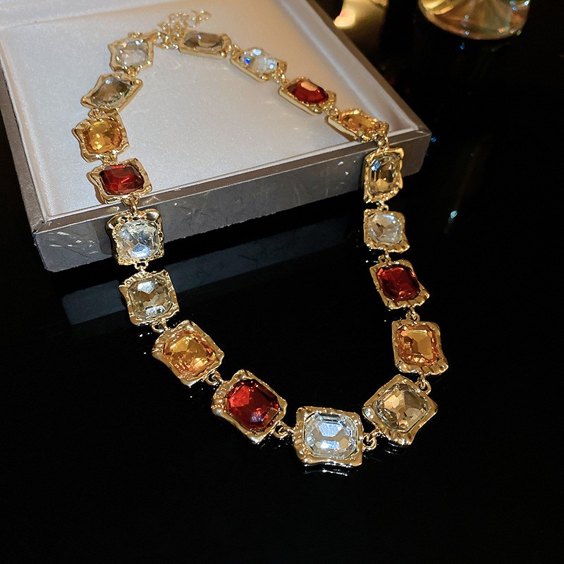 Vintage Multicolor Crystal Necklace & Drop Earrings Set Statement Jewelry