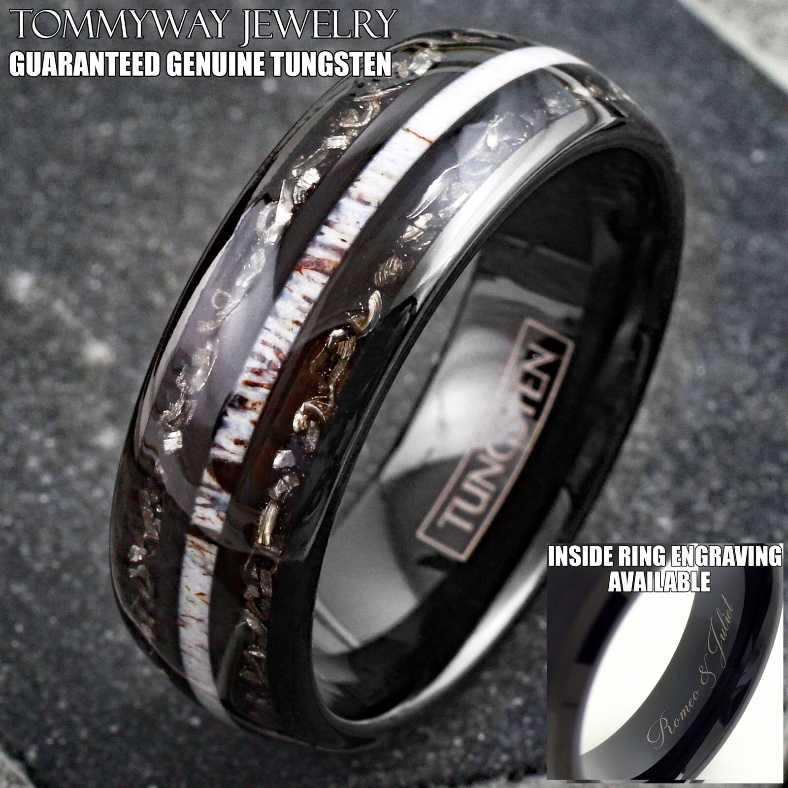 Personalized Black Tungsten Carbide Ring & Deer Antler & Meteorite Wedding Band