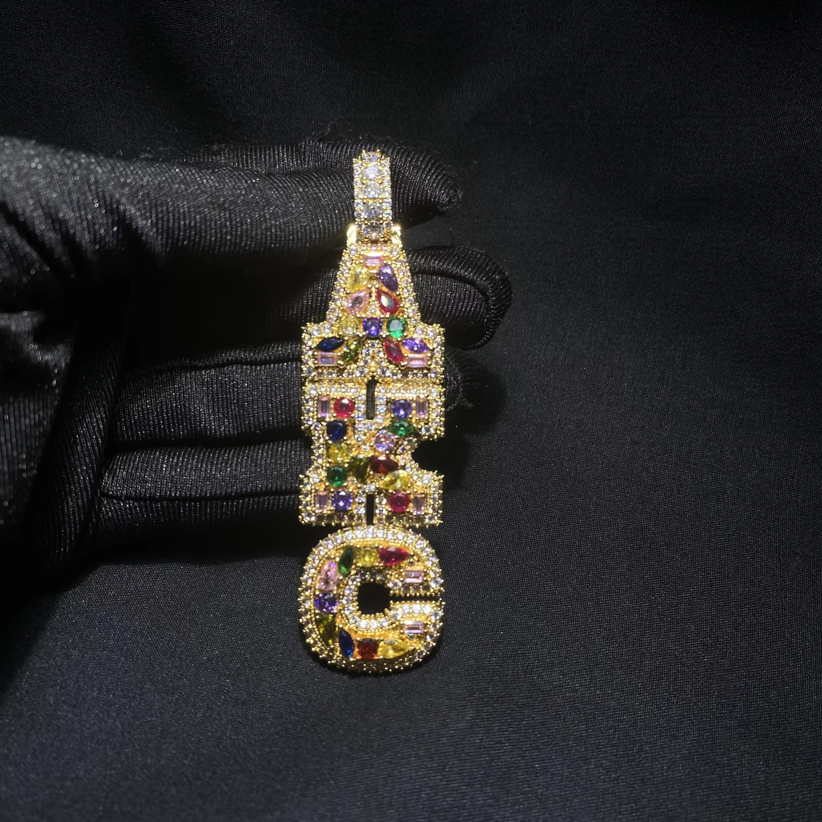 5AAA+ CZ Multicolor Ice Out Hop Hip Bling Vertical Mixed Inlay Letter Pendant