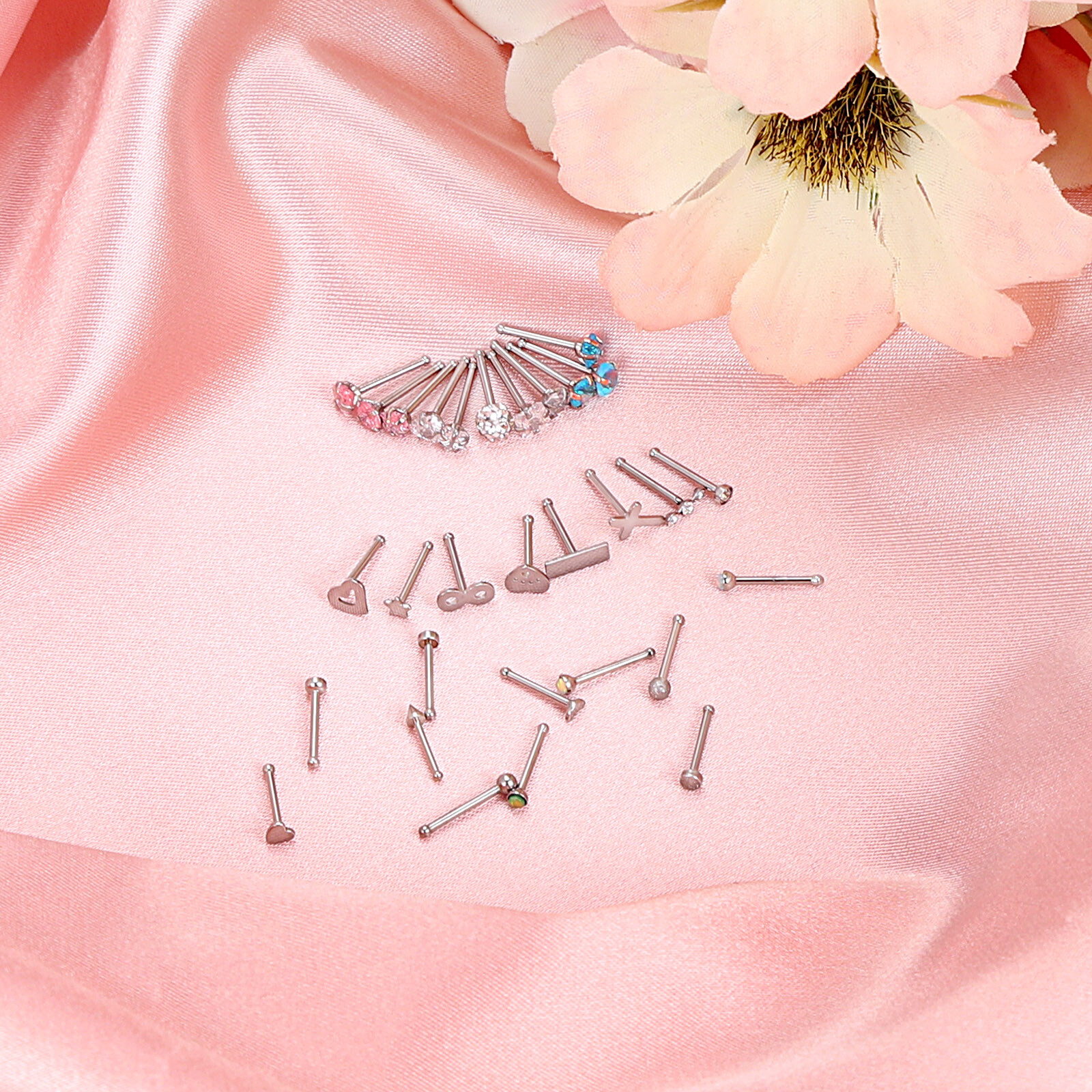 30PCS Nose Rings Bone Stud Pin CZ 20G 316L Stainless Steel Body Piercing Jewelry