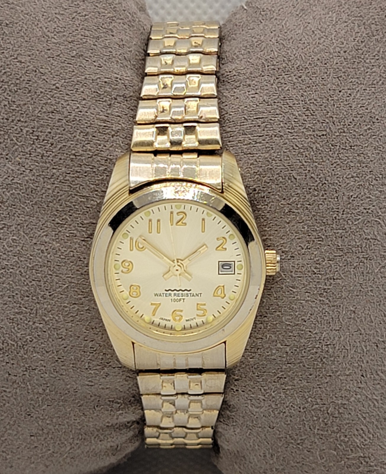 Ladies Casual Round Gold Tone Date Stretchy Expansion Bracelet Analog Watch J2