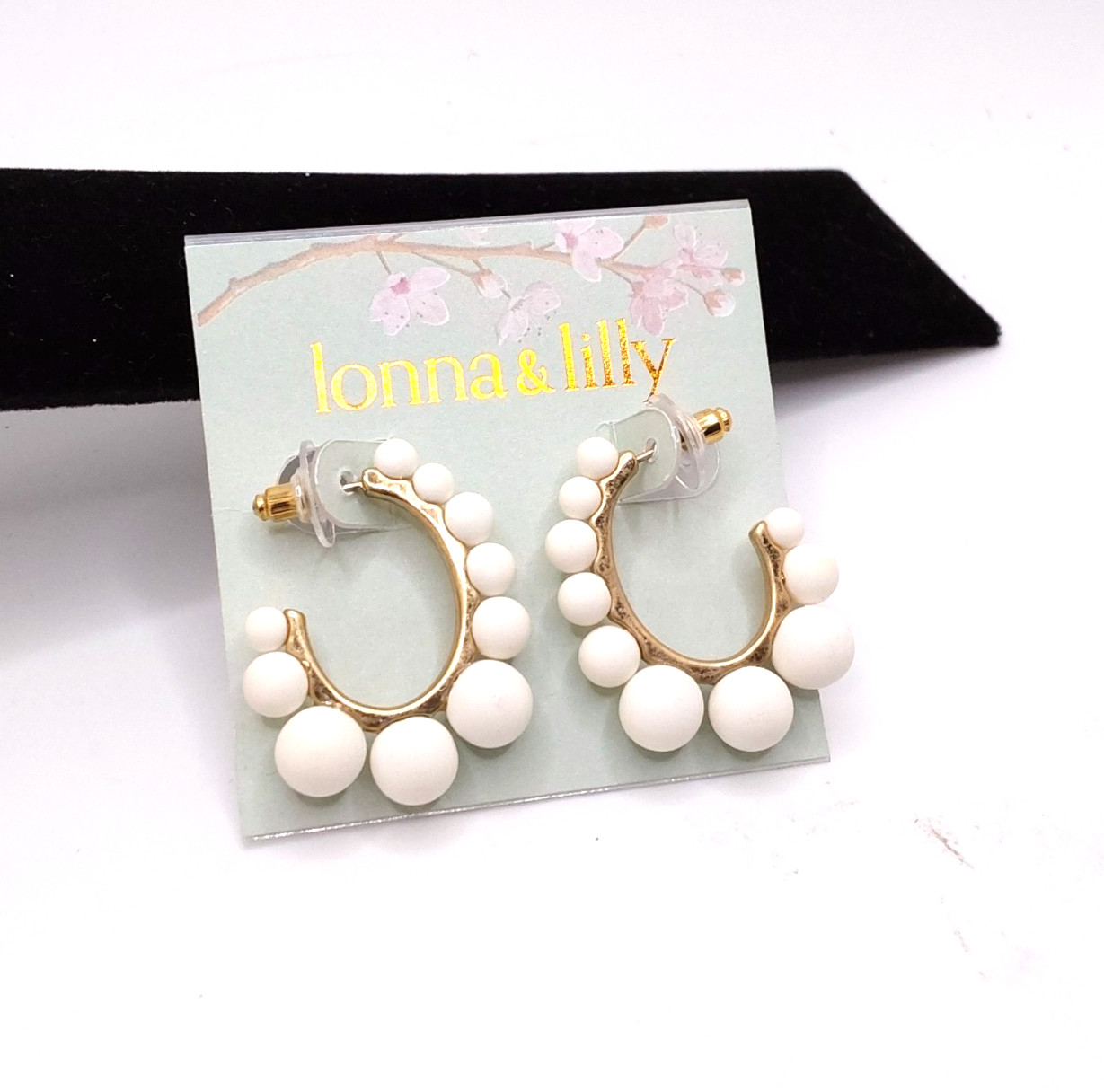 Lonna and Lilly Gold Tone Half Hoop White Beaded Pearl Earrings