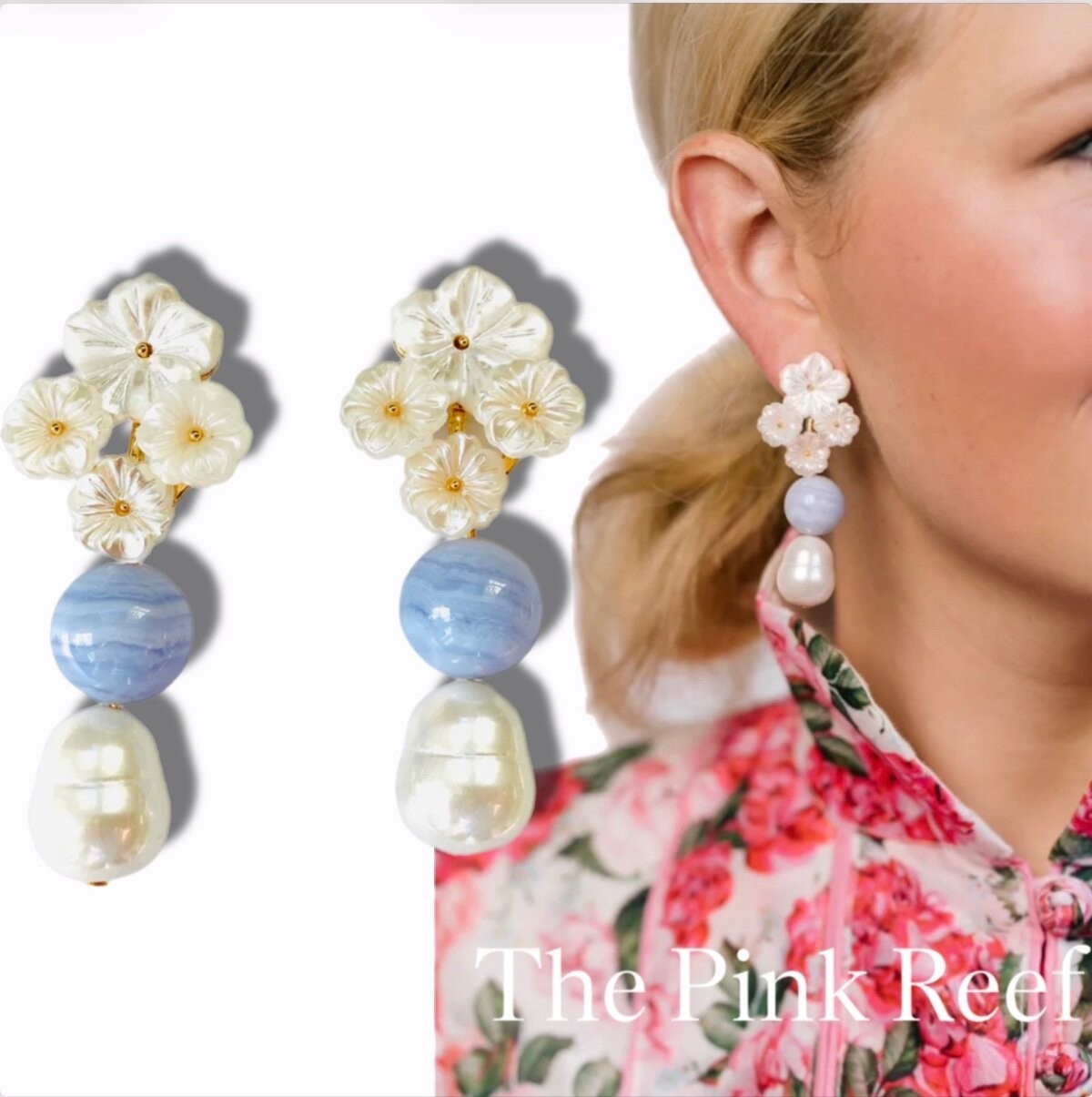 The Pink Reef Jewelry Floral Cluster Earrings Agate Pearl Wedding Bride Lily