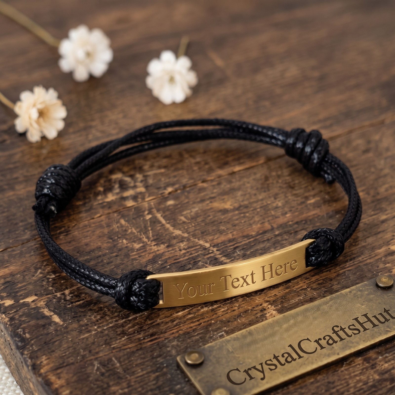 Custom Engraved Name Gold Bar Bracelet Minimalist Boho Braided Cord Personalized