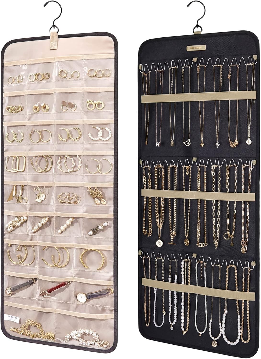 Hanging Jewelry Organizer Storage Roll with Metal Hooks Double-Sided for