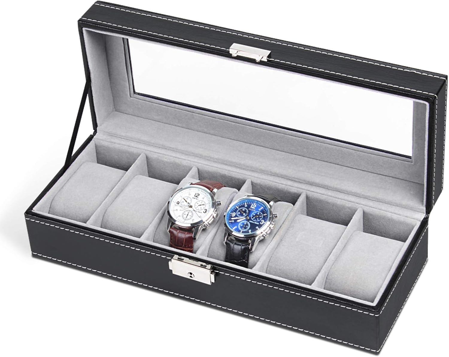 6 Slots Watch Box Organizer for Men, Black Watch Holder Stand Display Storage Ca