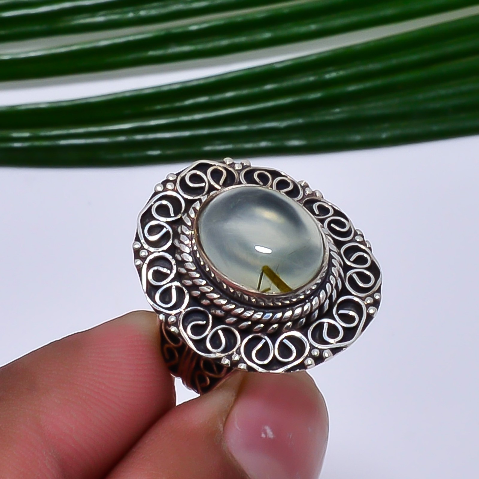 Prehnite – South Africa Fine Art Oxidised 925 Sterling Silver Ring S.7 R115631