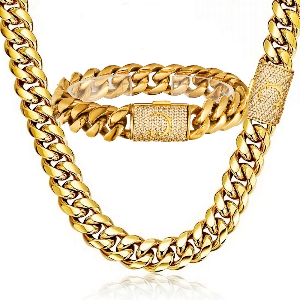 Men’s 18K Gold Plated Cuban Link Necklace & Bracelet Set Size 16-30in