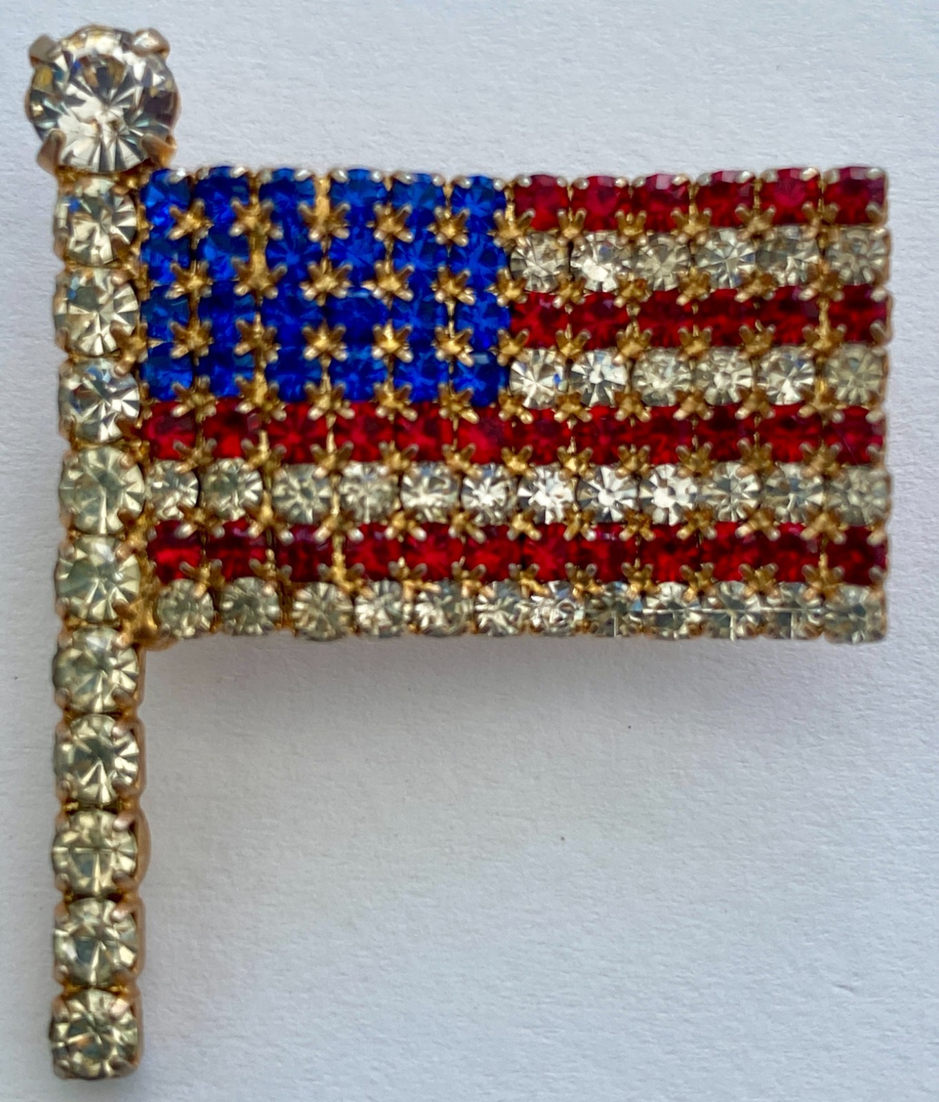 Vintage United States American Flag Brooch Red White Blue Rhinestones Gold Tone
